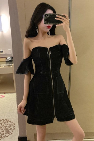 Модерна дамска рокля с цип и паднали ръкави