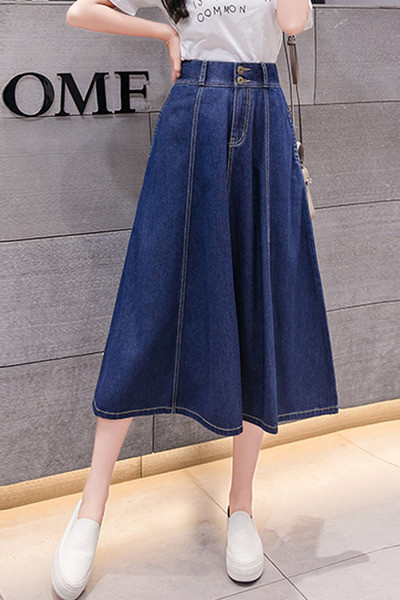 Стилна дамска дълга дънкова пола с висока талия - разкроен модел