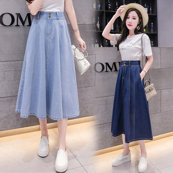 Стилна дамска дълга дънкова пола с висока талия - разкроен модел