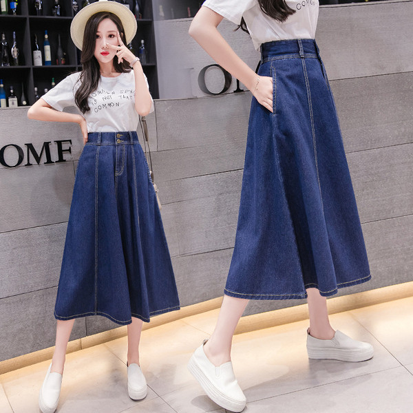 Стилна дамска дълга дънкова пола с висока талия - разкроен модел