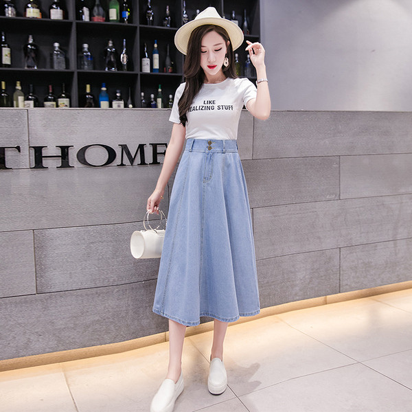 Стилна дамска дълга дънкова пола с висока талия - разкроен модел