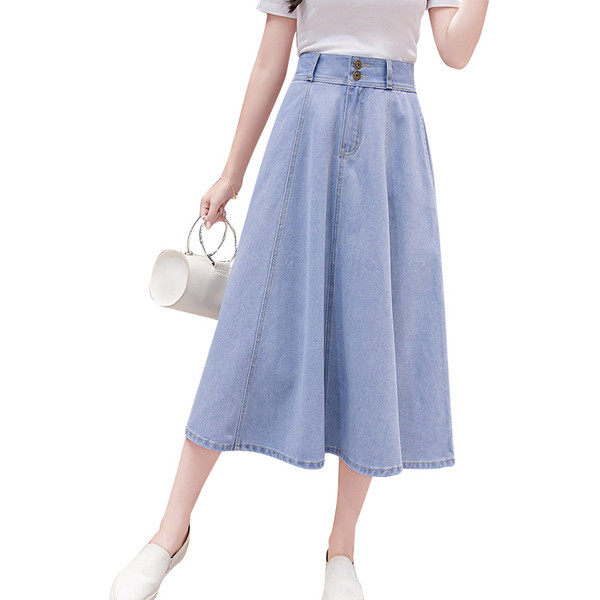 Стилна дамска дълга дънкова пола с висока талия - разкроен модел