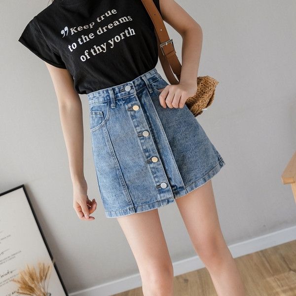 Ежедневна дънкова къса пола с висока талия и копчета 