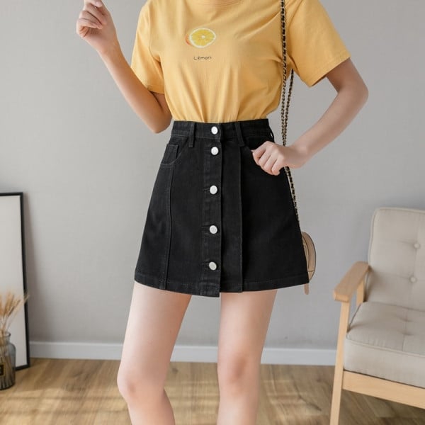 Ежедневна дънкова къса пола с висока талия и копчета 