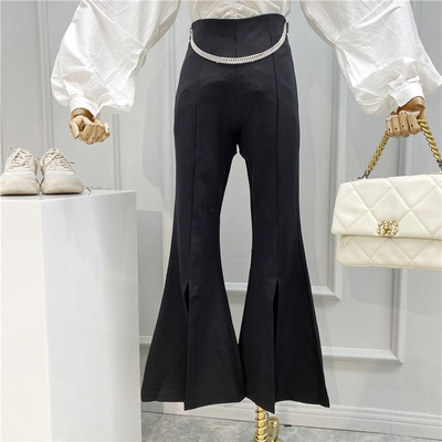 Нов модел дамски черен панталон тип чарлстон с цепки и камъни