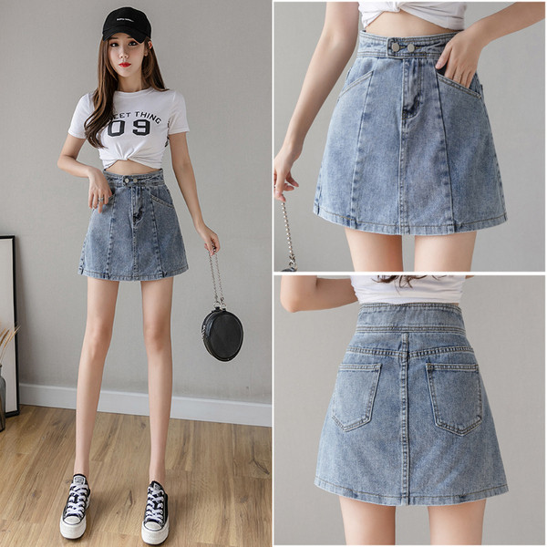 Къса дънкова дамска пола с джобове и висока талия 