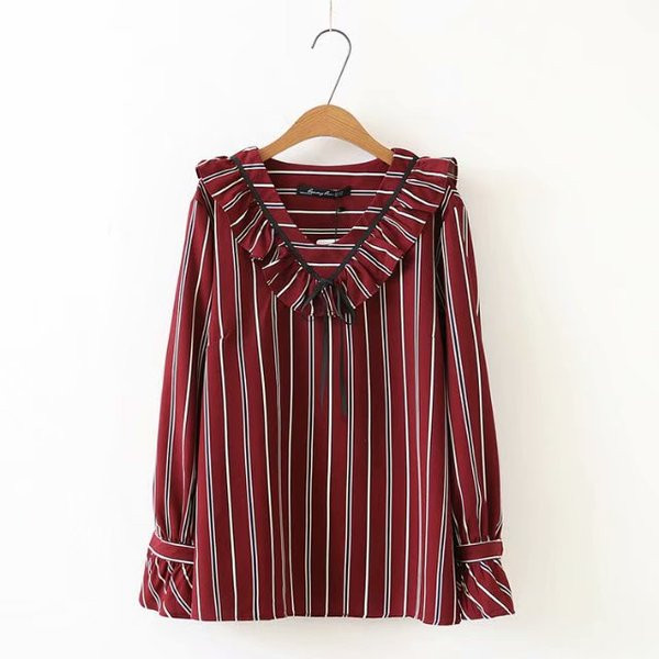 Модерна дамска раирана риза с дълъг ръкав и дълбоко деколте 