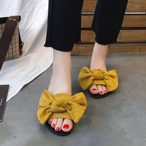 Ежедневни дамски чехли с панделка и равна подметка