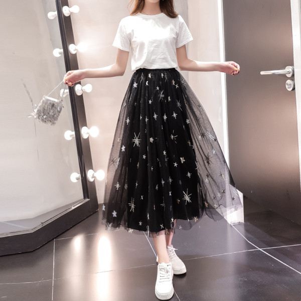 Стилна дамска дълга пола с тюл и висока талия