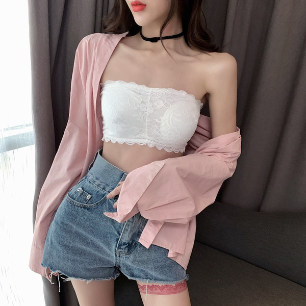 Дантелен дамски сутиен без презрамки с подплънки