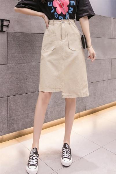 Асиметрична дамска пола с висока талия и джобове 