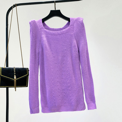 Нов модел дамски пуловер с квадратно деколте в лилав цвят
