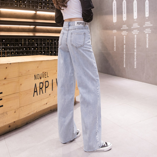 Ежедневни дамски дълги дънки с надпис и висока талия 