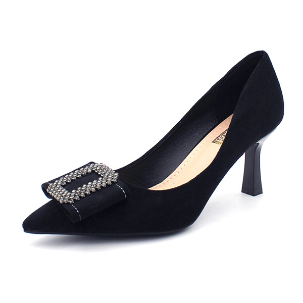 Pantofi moderni de dama cu toc subtire cu catarama metalica