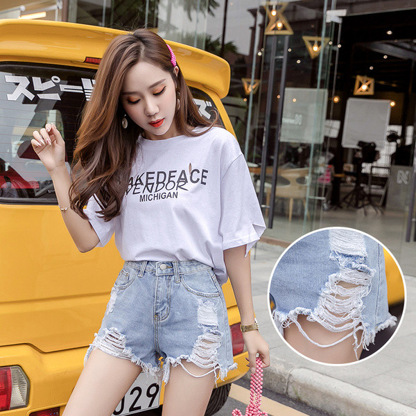 Pantaloni scurți casual de damă cu motiv rupt și talie înaltă