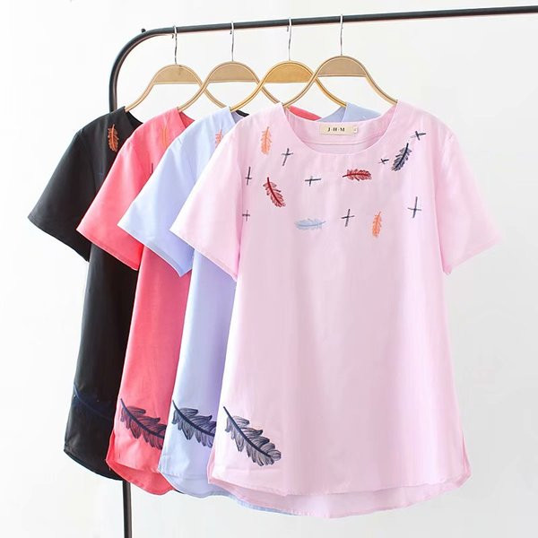 Tricou casual dama cu broderie, maneca scurta si decolteu oval