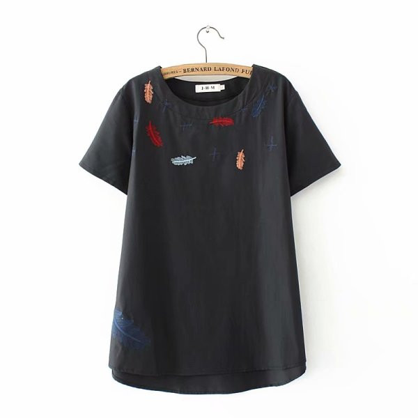 Tricou casual dama cu broderie, maneca scurta si decolteu oval