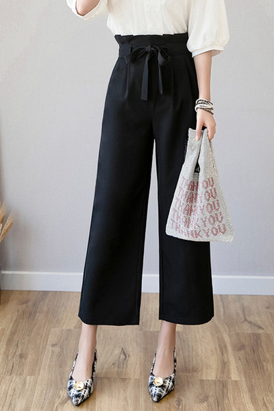 Pantaloni largi de dama cu talie inalta si cravate