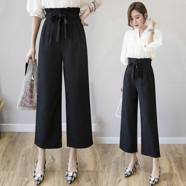 Pantaloni largi de dama cu talie inalta si cravate