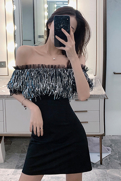 Стилна дамска рокля с пайети и тюл