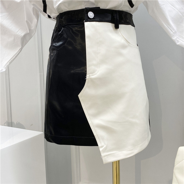 Fusta de dama bicolor din imitatie de piele cu talie inalta