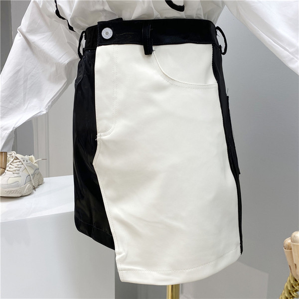 Fusta de dama bicolor din imitatie de piele cu talie inalta