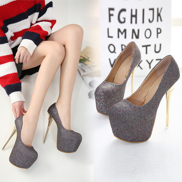 Pantofi eleganti de dama cu toc inalt subtire de 16 cm cu efect stralucitor