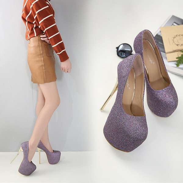 Pantofi eleganti de dama cu toc inalt subtire de 16 cm cu efect stralucitor