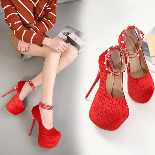 Pantofi eleganti de dama cu toc inalt, cu platforma groasa si catarama