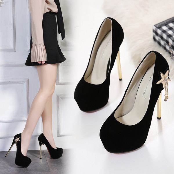 Pantofi eleganti de dama cu toc inalt cu broderie stea si element metalic