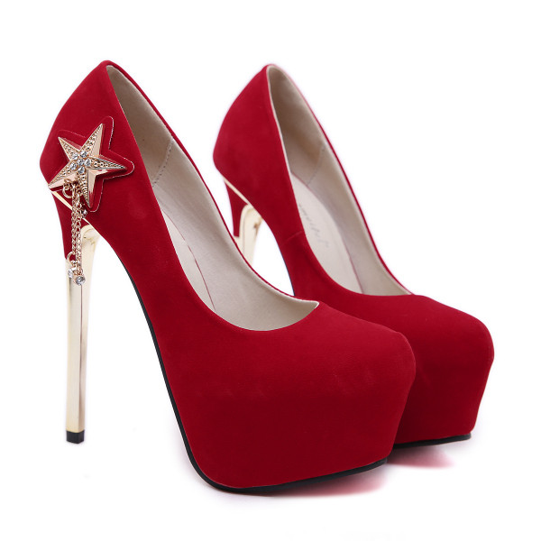 Pantofi eleganti de dama cu toc inalt cu broderie stea si element metalic