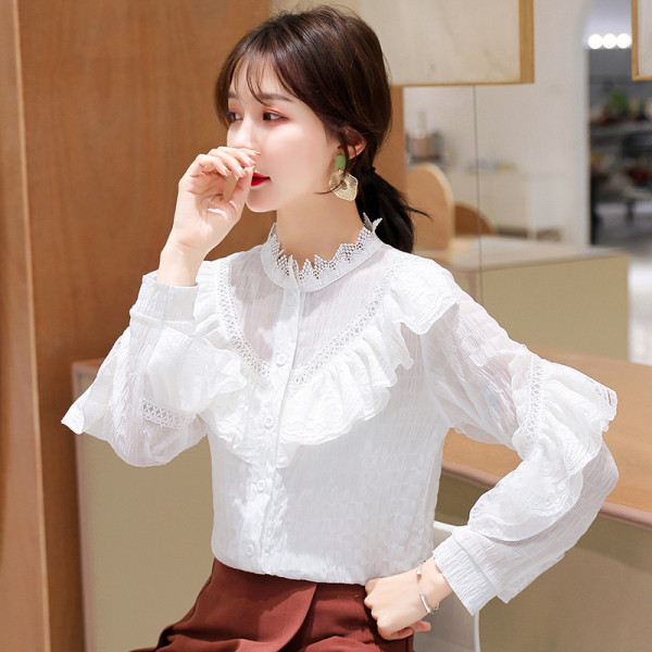 Cămașă elegantă de damă cu guler înalt, bucle și nasturi