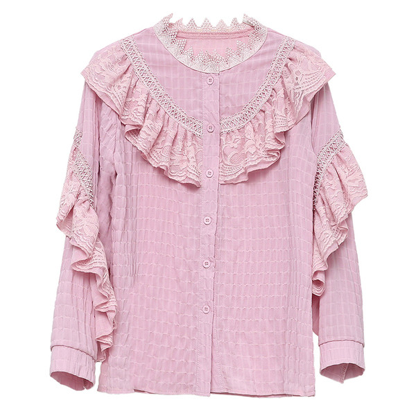 Cămașă elegantă de damă cu guler înalt, bucle și nasturi