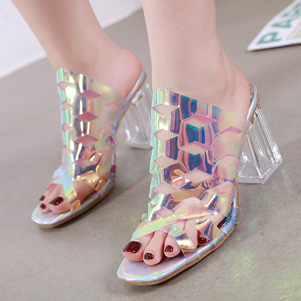 Papuci moderni de dama cu toc gros si efect stralucitor