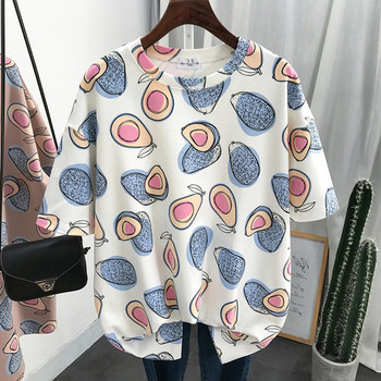 Γυναικείο casual βαμβακερό μπλουζάκι με οβάλ λαιμόκοψη, κοντά μανίκια και μοτίβο αβοκάντο