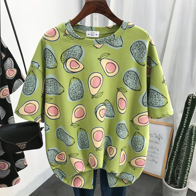 Ежедневна дамска памучна тениска с овално деколте, къс ръкав и десен с авокадо