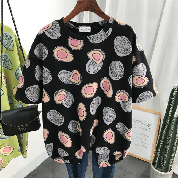 Ежедневна дамска памучна тениска с овално деколте, къс ръкав и десен с авокадо