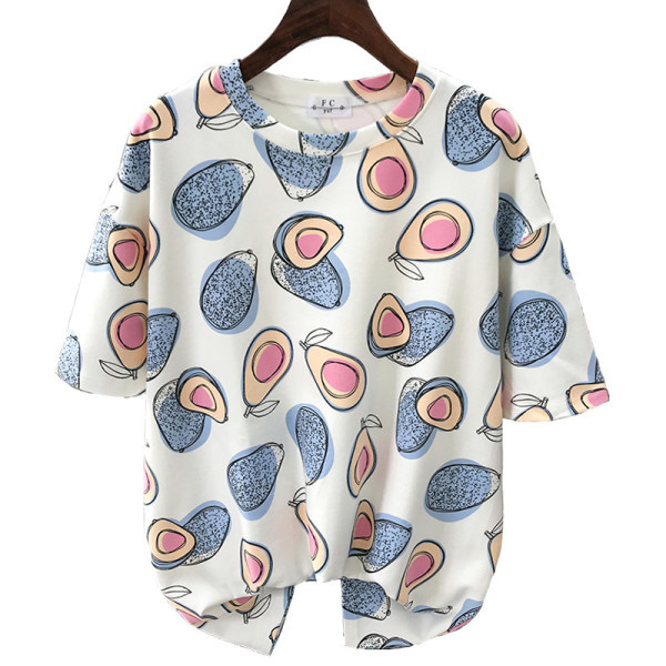 Ежедневна дамска памучна тениска с овално деколте, къс ръкав и десен с авокадо