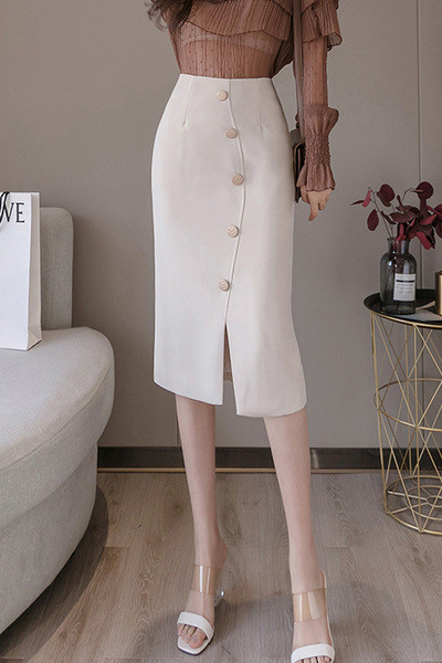 Модерна дамска пола с цепка висока талия и копчета 