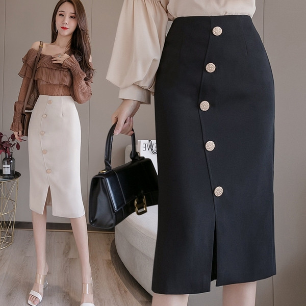 Модерна дамска пола с цепка висока талия и копчета 