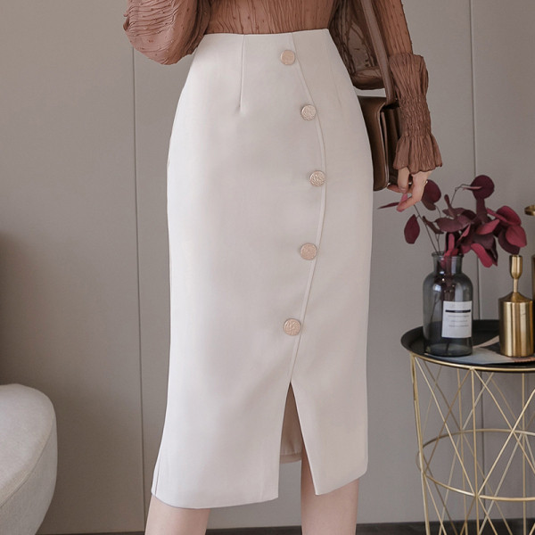 Модерна дамска пола с цепка висока талия и копчета 