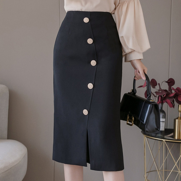 Модерна дамска пола с цепка висока талия и копчета 