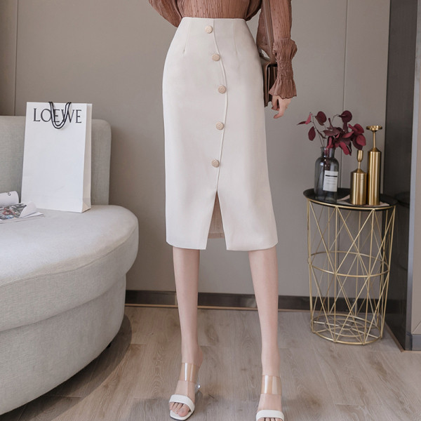 Модерна дамска пола с цепка висока талия и копчета 