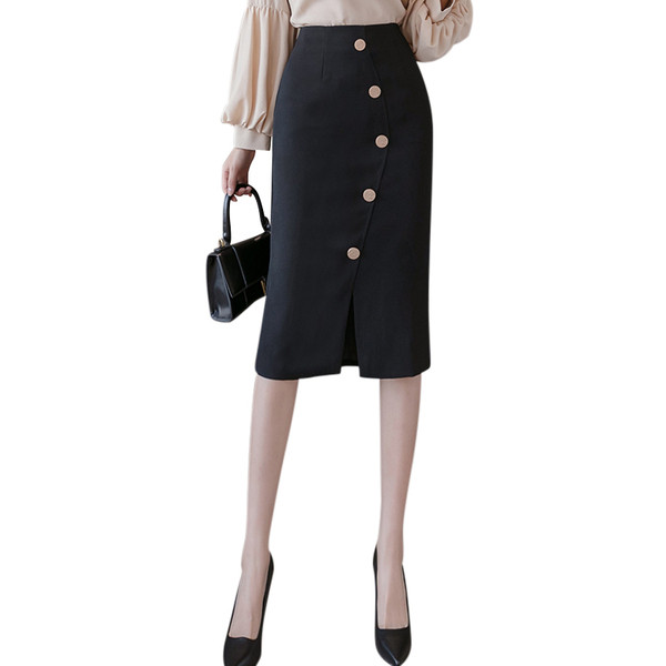 Модерна дамска пола с цепка висока талия и копчета 