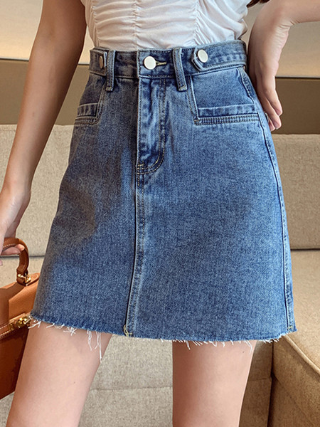 Fusta de denim casual de dama cu talie inalta - un model curat