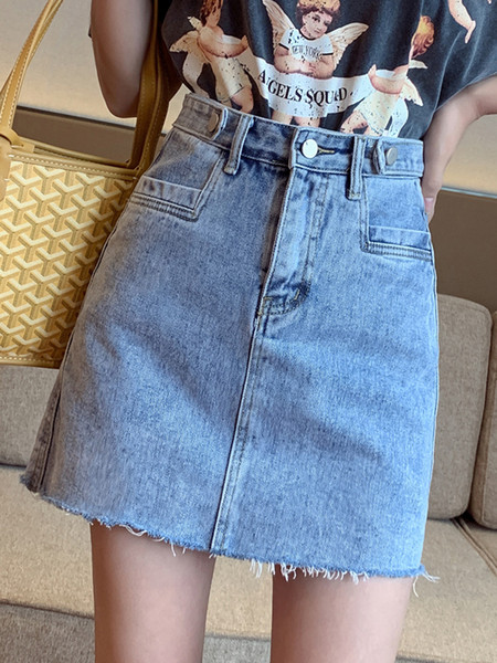 Fusta de denim casual de dama cu talie inalta - un model curat