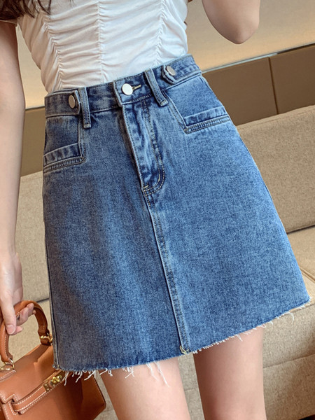 Fusta de denim casual de dama cu talie inalta - un model curat