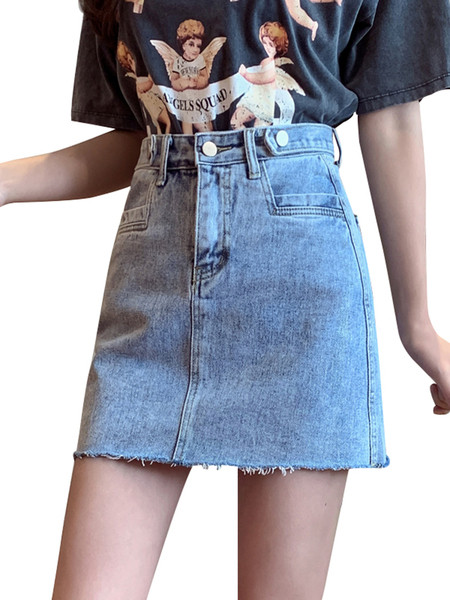 Fusta de denim casual de dama cu talie inalta - un model curat