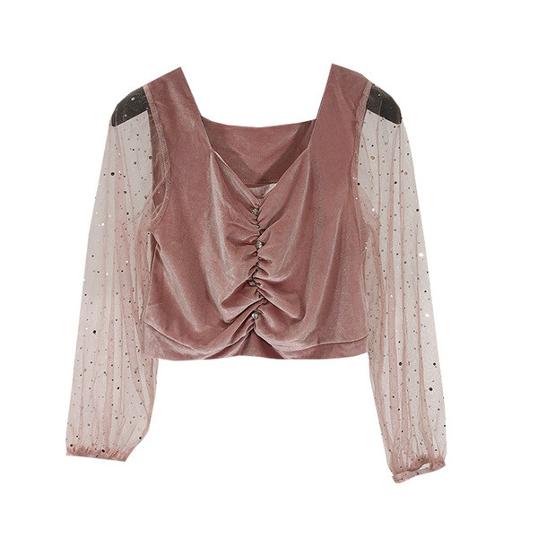 Bluză de damă scurtă din catifea și mâneci din tul