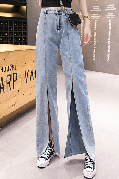 Blugi largi de dama cu talie inalta si crapata